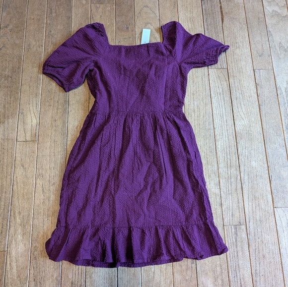 Women's Loft Purple Petite Crinkle Flounce Puff Sleeves Textured Dress Size 0 - Picture 7 of 9